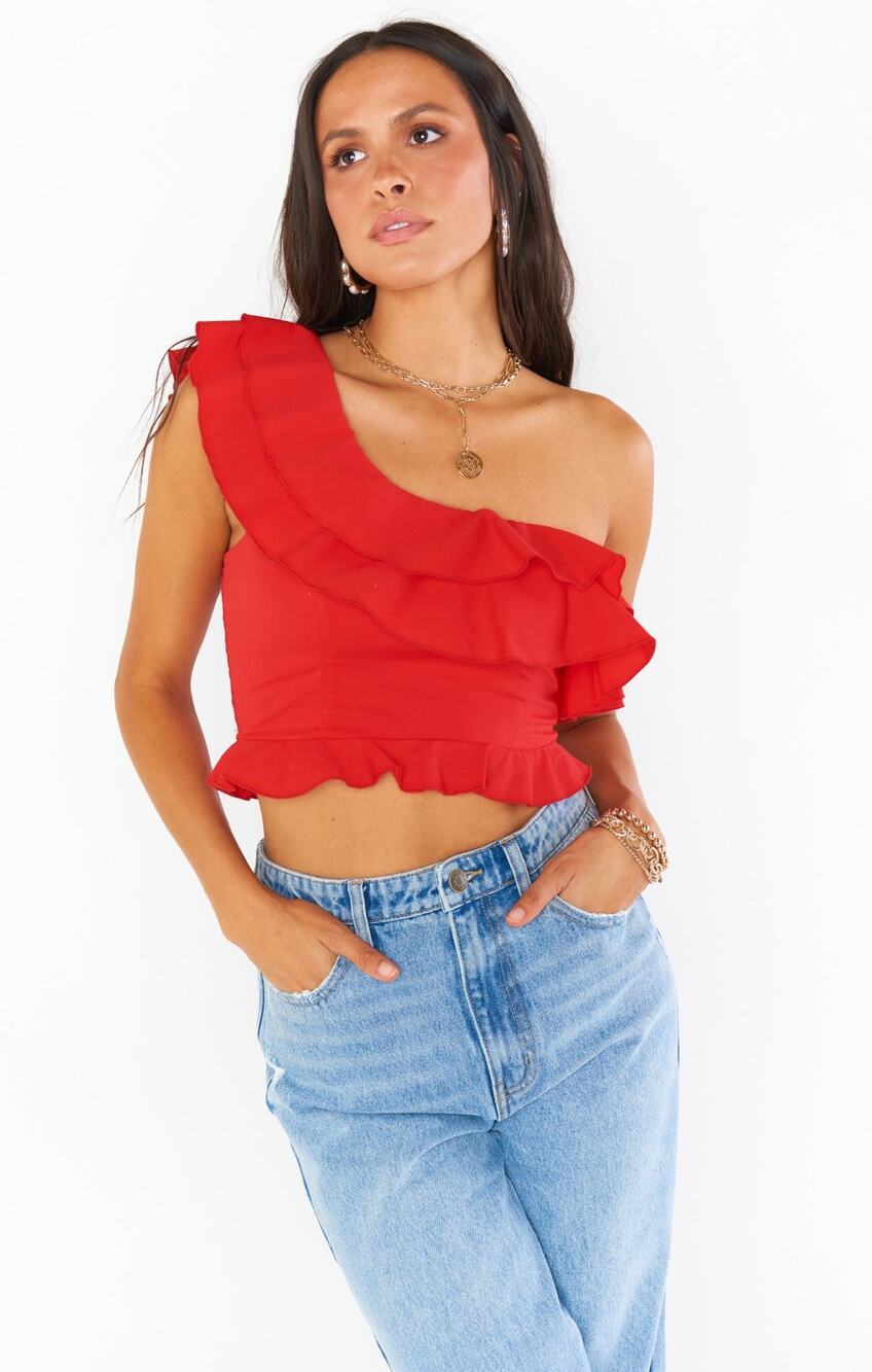 Show Me Your MuMu Red One Shoulder Ruffle Top Sz M Girly Resortwear Cruise